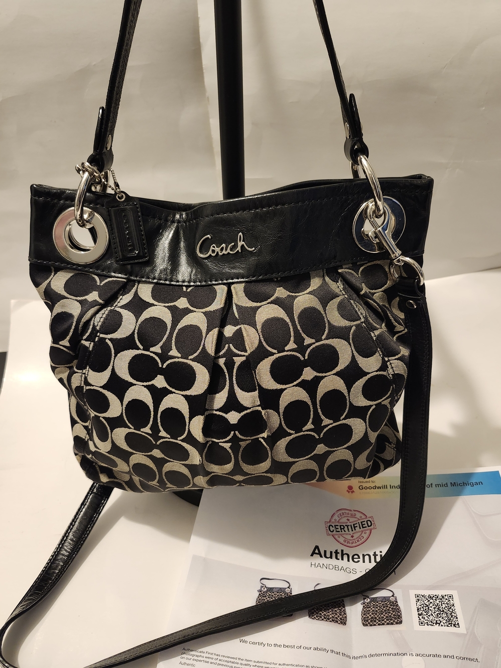 Coach Black and Cream Signature Logo Shoulder Bag with Silver Hardware
